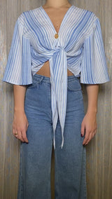 Electric Blue and White Striped Kimono Sleeve Top