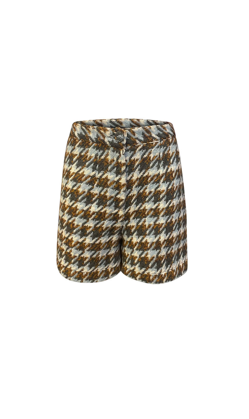 Brown and Off-White Houndstooth Blazer and Shorts Co-Ord