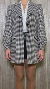Black and White Puffed Sleeve Houndstooth Blazer
