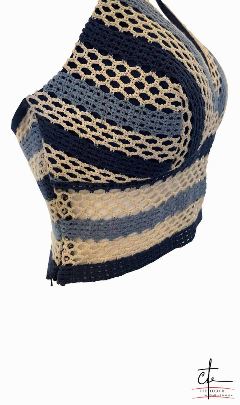 Blue Crochet Halter Neck Crop Top