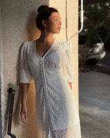 White Puffed Sleeves Buttoned Dress