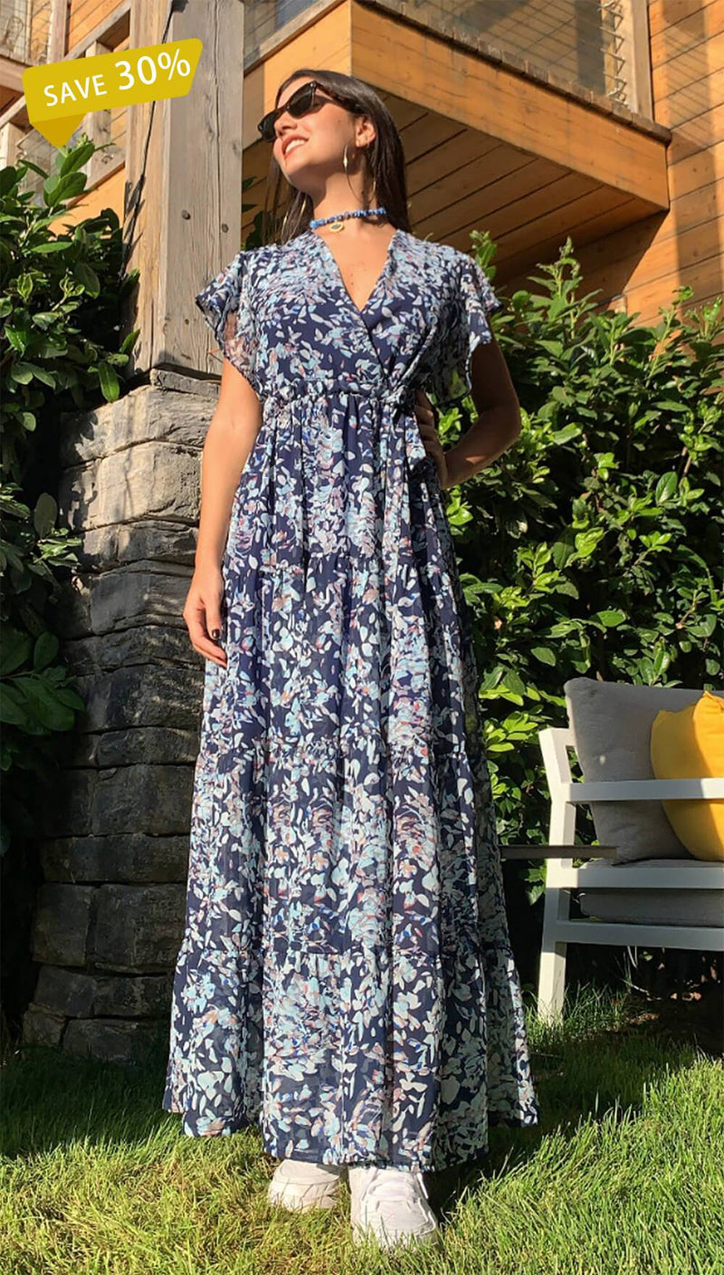 Blue Floral Print Tiered Maxi Dress