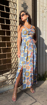 Blue Floral Maxi Length Dress