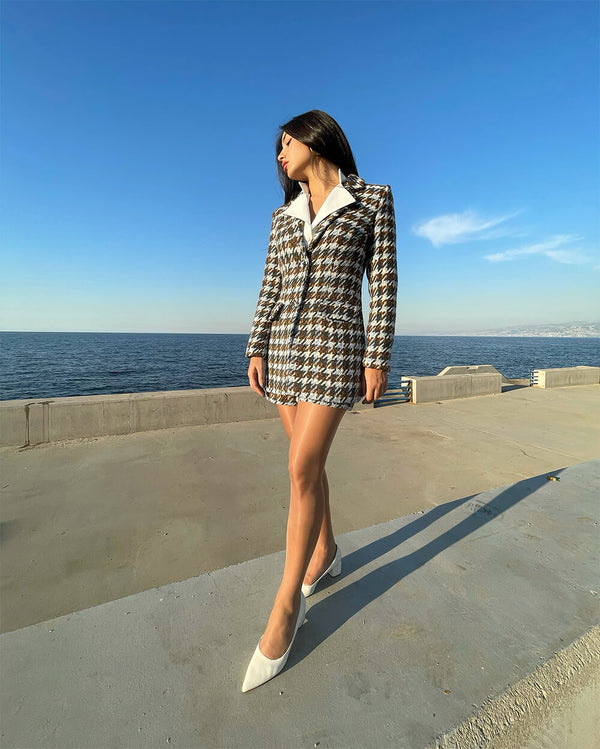 Brown and Off-White Houndstooth Blazer and Shorts Co-Ord