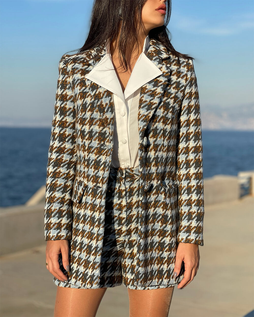 Brown and Off White Houndstooth Blazer and Shorts Co Ord ByCeeTouch