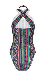 Multi-Colored Geometric Print Multi-Strap Bodysuit
