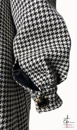 Black and White Puffed Sleeve Houndstooth Blazer
