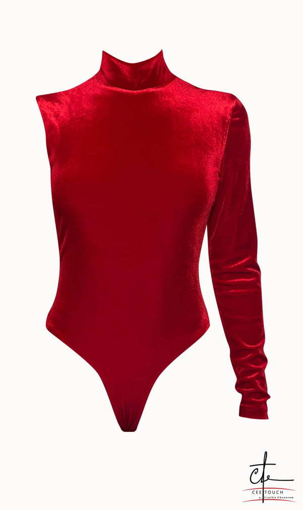 Red Velvet Turtleneck Open Back Bodysuit