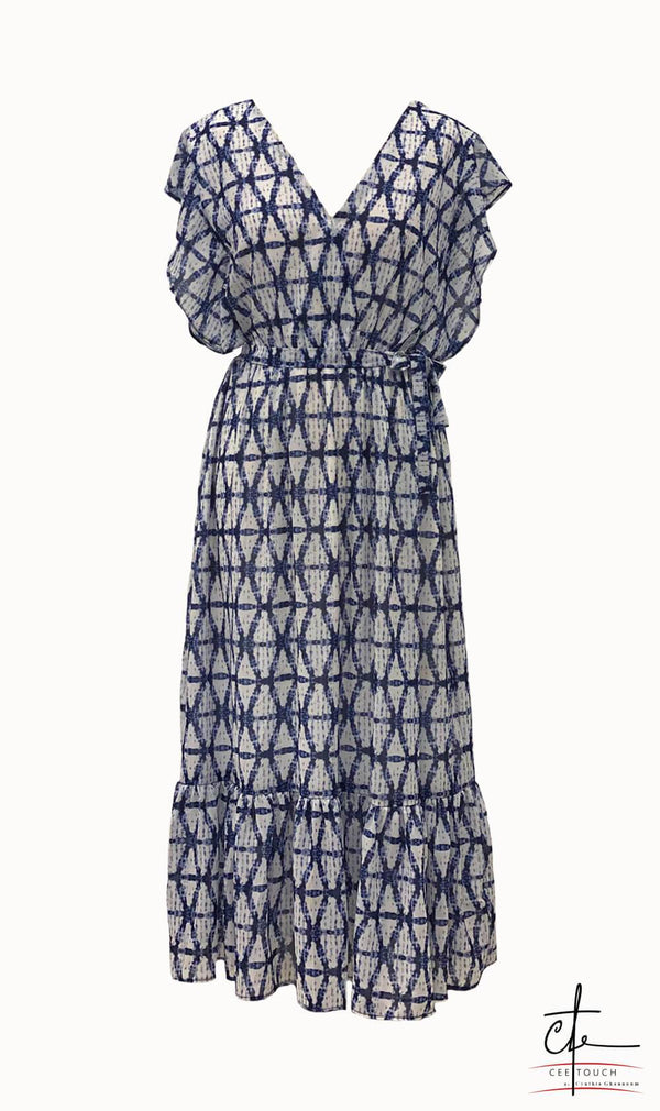 Blue and White Patterned Tie Waist Midi Dress