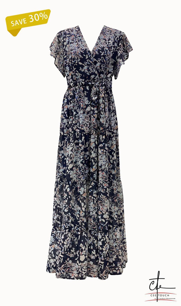 Blue Floral Print Tiered Maxi Dress