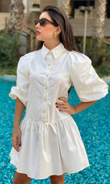 White Puffed Sleeve Short Button Up Dress