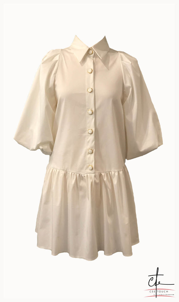 White Puffed Sleeve Short Button Up Dress