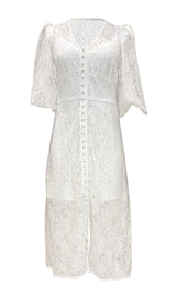 White Puffed Sleeves Buttoned Dress